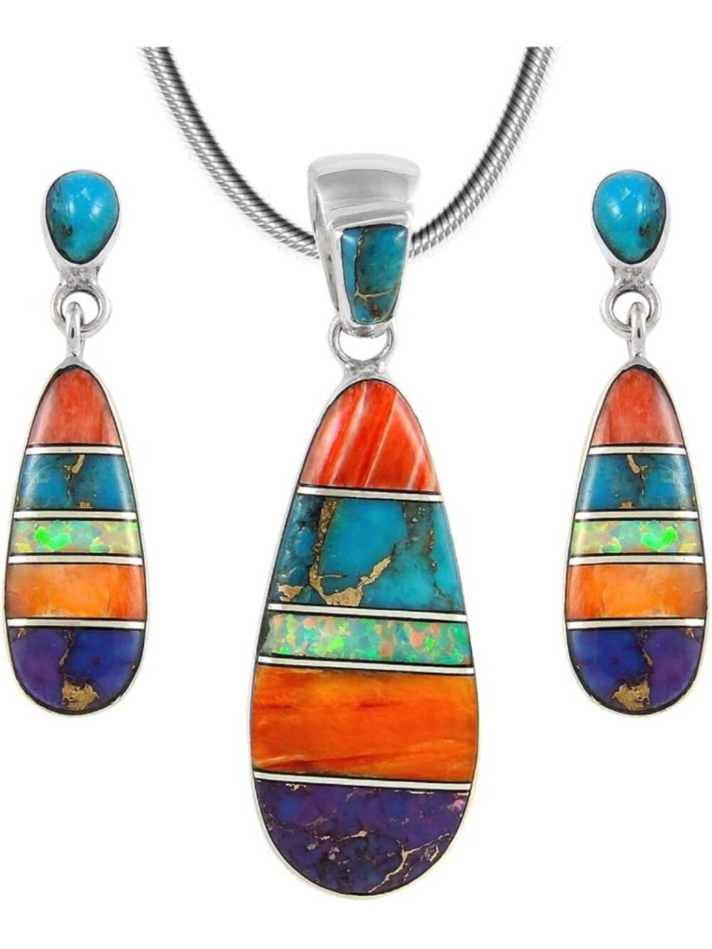 Turquoise Pendant & Earrings Set, 925 Sterling Silver Jewelry, Stainless